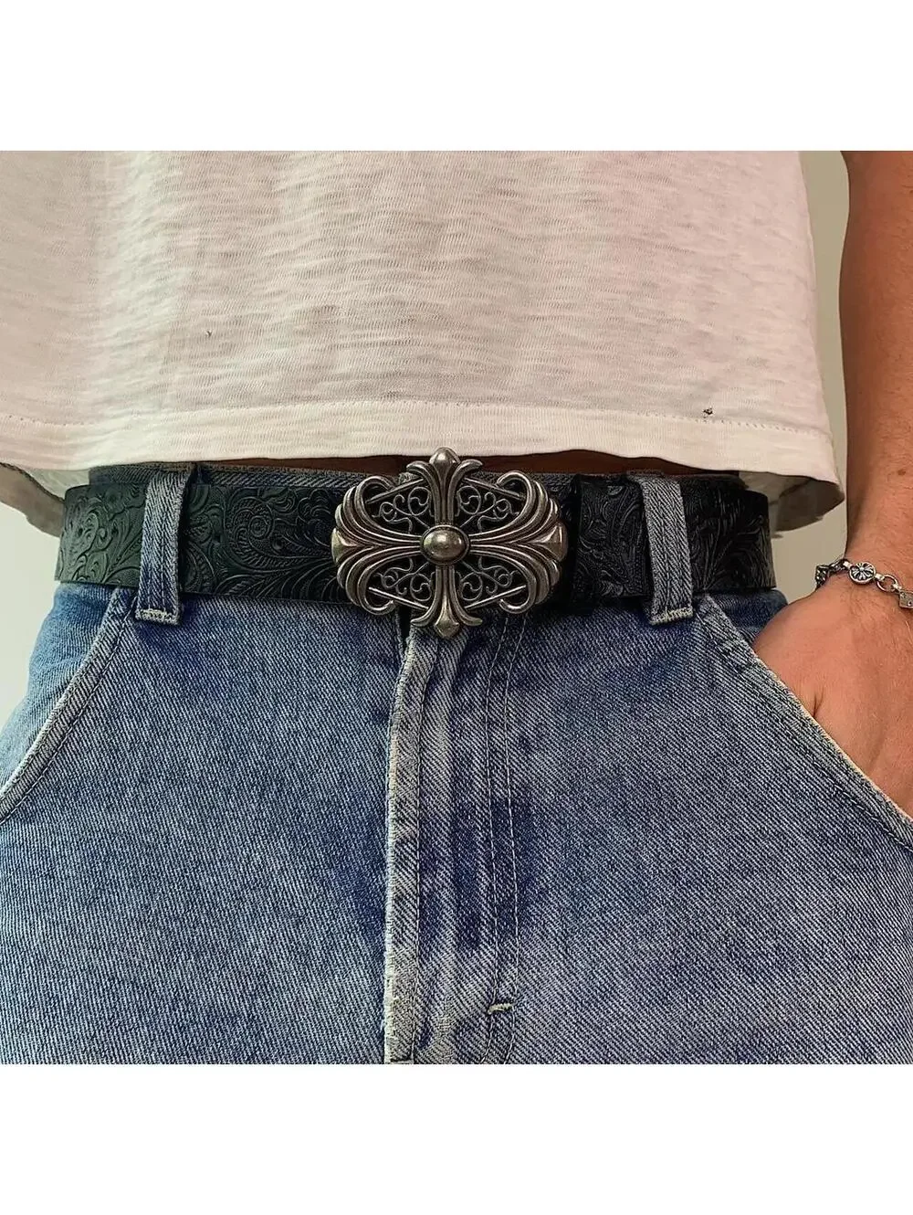 Y2K Black Blue Unique Cross Belt 38 Inch